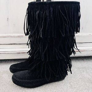 Hot Tomato Black Vegan Suede Fringed Pull on Tall Moccasin Boots Size 9W